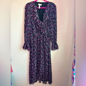 Neiman Marcus Black Pink Romantic Floral Ruffle Long Sleeve Midi Maxi Dress XL